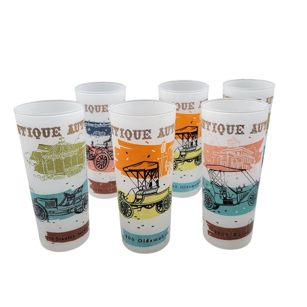 Vintage Anchor Hocking 1960s Frosted Glasses Antique Autos Design 16 Oz Set of 6